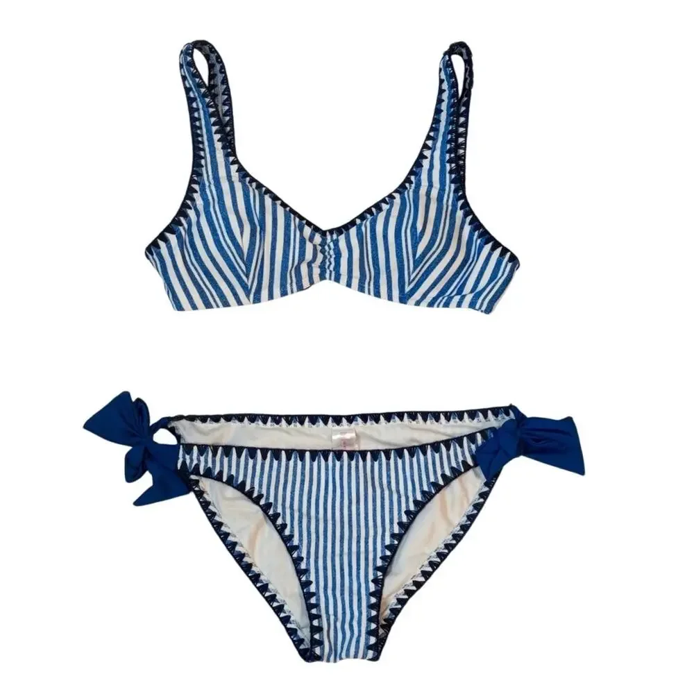 No Boundaries Denim Stripe Bikini Set Blanket Stitch in Blue Small Medium